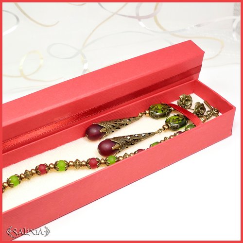Boîte cadeau longue pour bijoux, ruban fin en satin rouge 20,5x4,5x2.5 cm (#bt13)