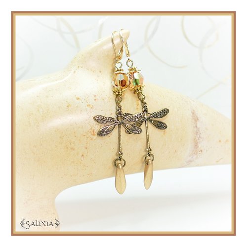 Boucles d'oreilles libellules style art nouveau cristal laiton très haute qualité dormeuses ou crochets au choix (#bo447)