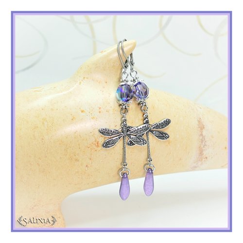 Boucles d'oreilles libellules style art nouveau laiton très haute qualité cristal violet dormeuses ou crochets au choix (#bo448)