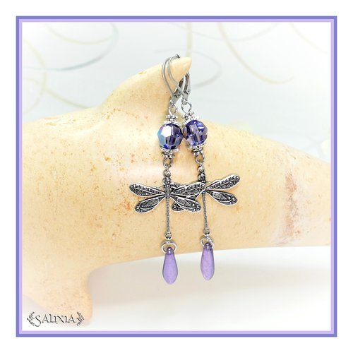 Boucles d'oreilles libellules style art nouveau laiton très haute qualité cristal violet dormeuses ou crochets au choix (#bo448)