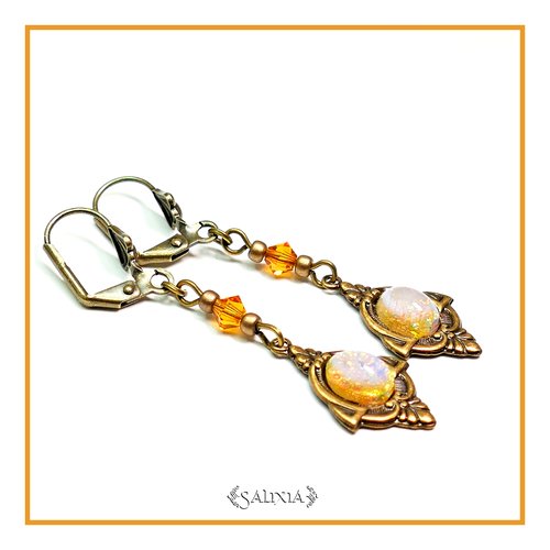 Boucles d'oreilles style victorien laiton très haute qualité cabochon fire opale dormeuses ou crochets au choix (#bo449)