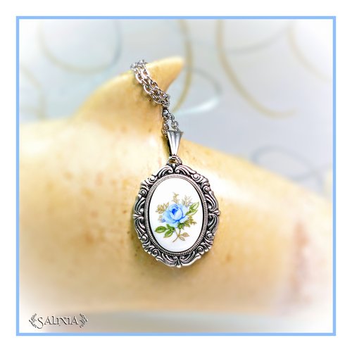 Pièce rare - collier pendentif de style victorien cabochon porcelaine japonaise laiton haute qualité plaqué argent (#c131)