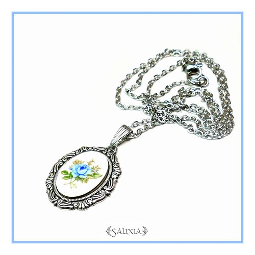 Pièce rare - collier pendentif de style victorien cabochon porcelaine japonaise laiton haute qualité plaqué argent (#c131)