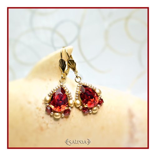 Boucles d'oreilles style victorien cabochons cristal rouge rubis dormeuses ou crochets au choix (#bo452)