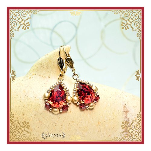 Boucles d'oreilles style victorien cabochons cristal rouge rubis dormeuses ou crochets au choix (#bo452)