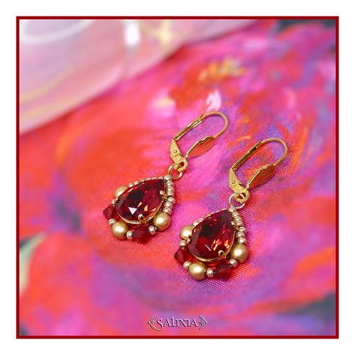 Boucles d'oreilles style victorien cabochons cristal rouge rubis dormeuses ou crochets au choix (#bo452)