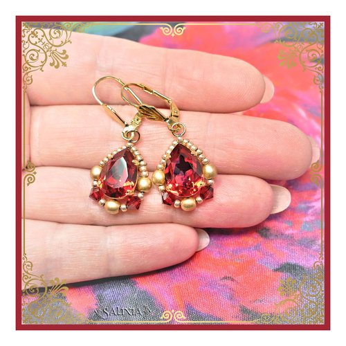 Boucles d'oreilles style victorien cabochons cristal rouge rubis dormeuses ou crochets au choix (#bo452)