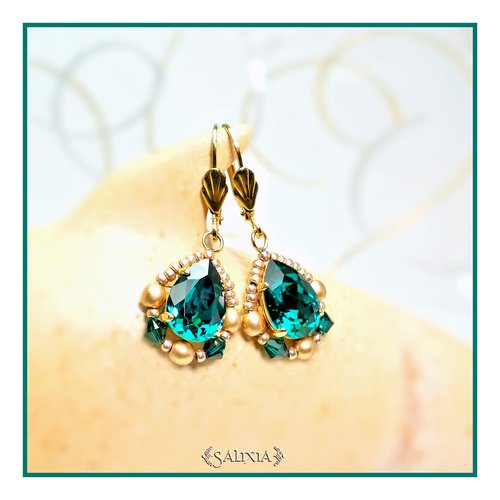 Boucles d'oreilles style victorien, cabochons cristal vert émeraude dormeuses ou crochets au choix (#bo453)