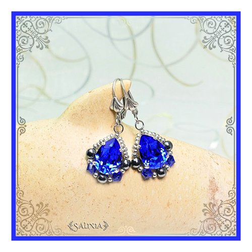 Boucles d'oreilles style victorien cabochons cristal bleu royal dormeuses ou crochets au choix (#bo454)