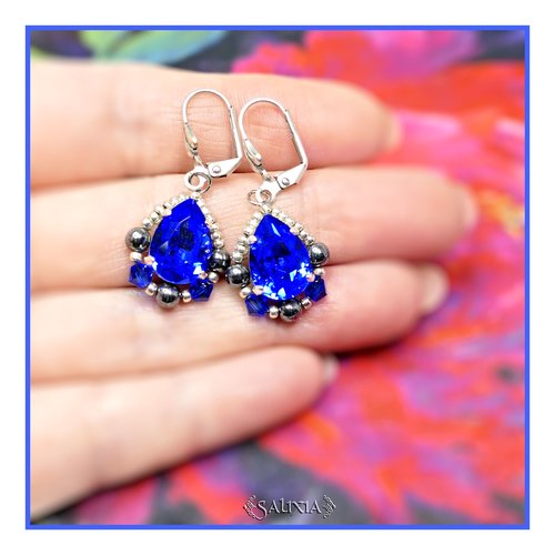 Boucles d'oreilles style victorien cabochons cristal bleu royal dormeuses ou crochets au choix (#bo454)