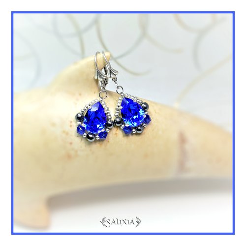 Boucles d'oreilles style victorien cabochons cristal bleu royal dormeuses ou crochets au choix (#bo454)