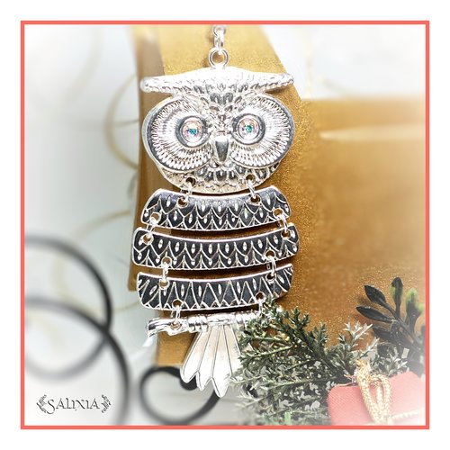 Collier pendentif hibou yeux cabochons en cristal aurore boréale chaine et mousqueton acier inoxydable (#c135)