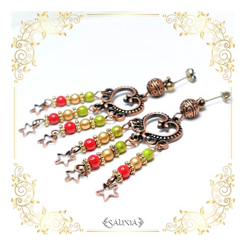Boucles d'oreilles cuivrées coeurs étoilés puces ou crochets au choix (#bo458)