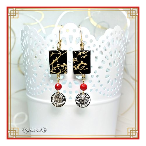 Boucles d'oreilles coquillages laqués noir motifs dorés perles laquées rouges dormeuses ou crochets au choix (#bo459)