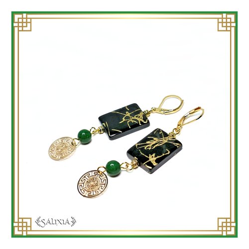 Boucles d'oreilles coquillages laqués noir motifs dorés, perles de jade vertes dormeuses ou crochets au choix (#bo460)