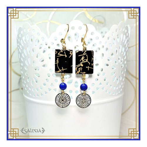 Boucles d'oreilles coquillages laqués noir motifs dorés perles de jade bleues dormeuses ou crochets au choix (#bo461)