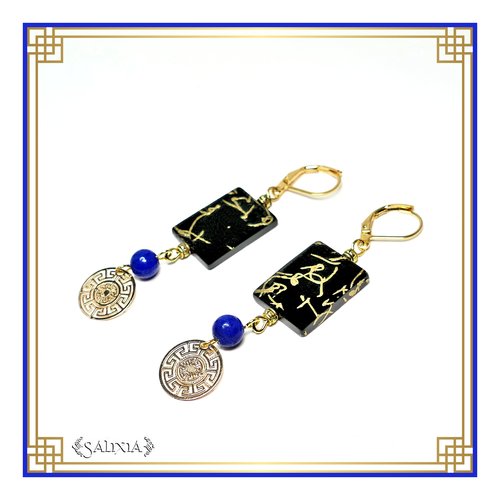 Boucles d'oreilles coquillages laqués noir motifs dorés perles de jade bleues dormeuses ou crochets au choix (#bo461)
