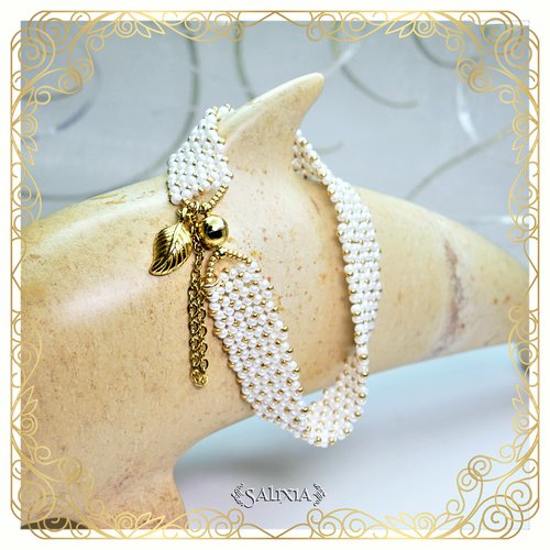 Bracelet "inaya" ivory ceylon tissé à l'aiguille avec des perles en verre japonaises (#bc109.b )
