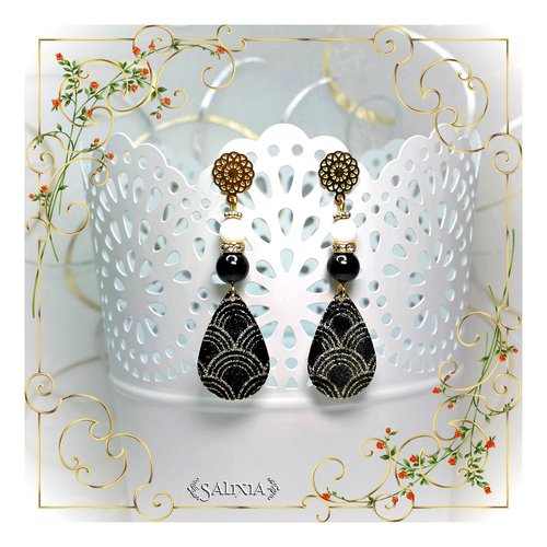 Boucles d'oreilles gouttes stardust perles agate noires et jade blanc puces ou crochets acier inoxydable doré (#bo462)