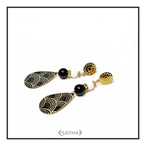 Boucles d'oreilles gouttes stardust perles agate noires et jade blanc puces ou crochets acier inoxydable doré (#bo462)