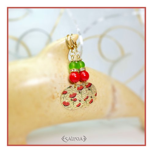 Boucles d'oreilles breloques coquelicots stardust perles sea glass et perles laquées créoles ou crochets acier inoxydable doré (#bo464)