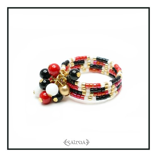Bague à mémoire de forme en acier inoxydable doré, agate noire, jade rouge et blanc, perles de bohème (#bg17)