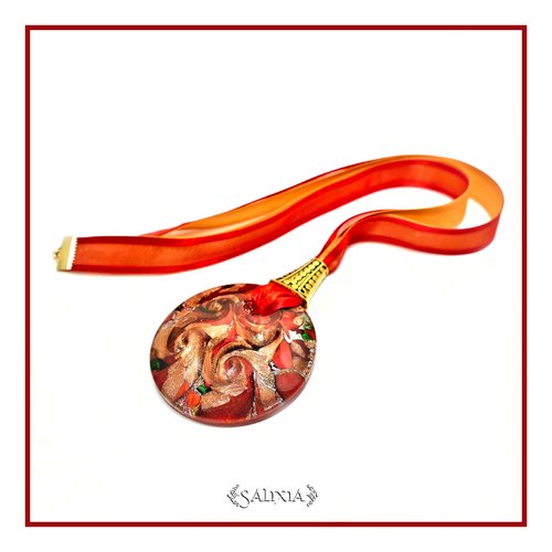 Pièce unique - collier pendentif artisanal esprit murano inclusions émeraude sur fond rouge éclatant (#c137)