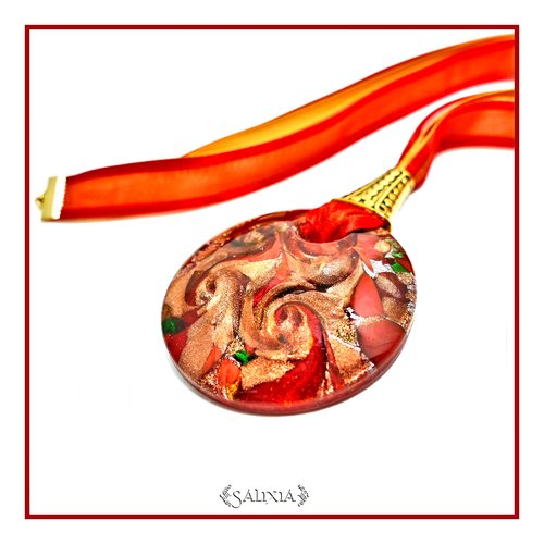 Pièce unique - collier pendentif artisanal esprit murano inclusions émeraude sur fond rouge éclatant (#c137)