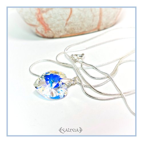 Collier coeur en cristal aurore boréale chaine au choix : argent 925 ou acier inoxydable (#c138)