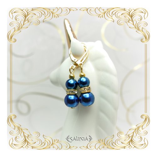 Boucles d'oreilles "fabiola" perles bleu nuit dormeuses dorées à l'or fin ou crochets acier inoxydable doré (#bo445 p151)