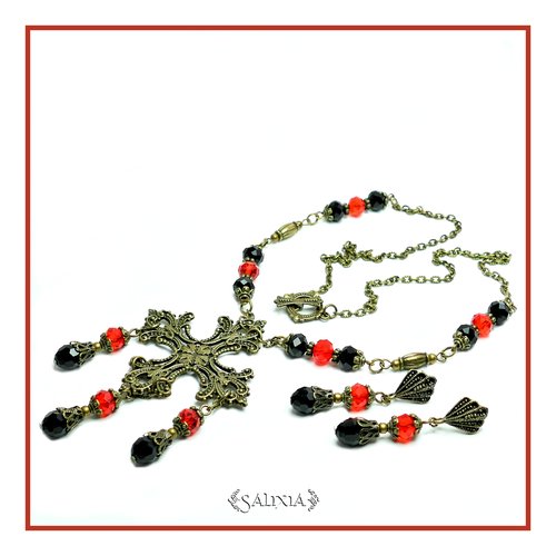 Pièce unique - collier "kenza" baroque médiéval cristal noir et rouge (#c136 p152)