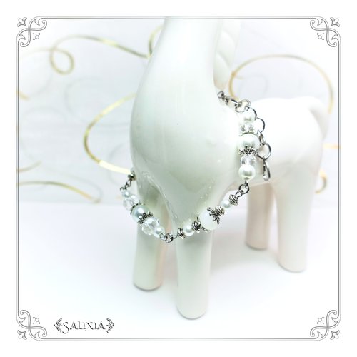 Bracelet victorien "miranda" cristal perles blanches nacrées acier inoxydable (#bc70 p102)