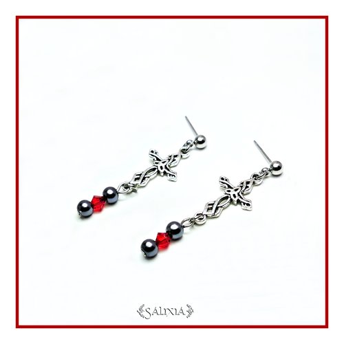 Boucles d'oreilles "rowena" celtiques médiévales cristal perles hématite puces ou crochets au choix (#bo468 p154)