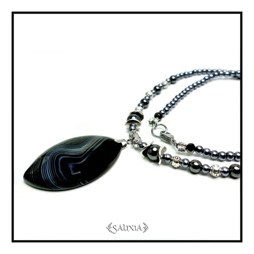Pièce unique - collier "marissa" pendentif pierre fine d'agate noire striée d'hématite noire acier inoxydable (#c140 p155)