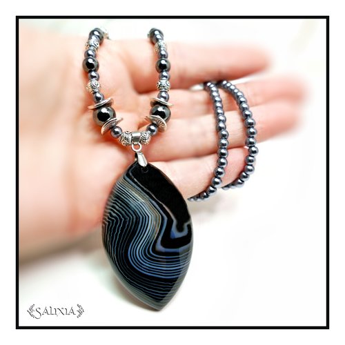 Pièce unique - collier "marissa" pendentif pierre fine d'agate noire striée d'hématite noire acier inoxydable (#c140 p155)