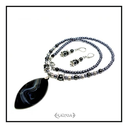 Pièce unique - collier "marissa" pendentif pierre fine d'agate noire striée d'hématite noire acier inoxydable (#c140 p155)