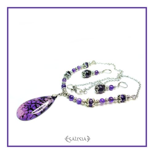 Pièce unique - collier "marissa" pendentif pierre fine d'agate veine de dragon et d'améthyste taille et fermoir au choix (#c142 p157)
