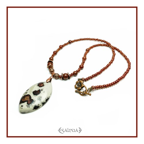 Pièce unique - collier "marissa" pendentif pierre fine de jaspe grain de café et d'obsidienne acajou choix du fermoir (#c143 p158)