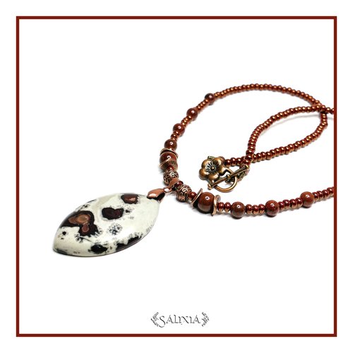 Pièce unique - collier "marissa" pendentif pierre fine de jaspe grain de café et d'obsidienne acajou (#c143 p158)