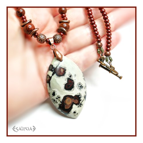 Pièce unique - collier "marissa" pendentif pierre fine de jaspe grain de café et d'obsidienne acajou (#c143 p158)