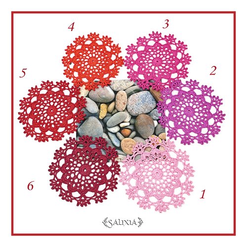 Série  "camaieu rouge et rose" 6 petits napperons dentelle au crochet d'art (en lot ou unitaire) - sous-verres/bibelots/décoration - 7