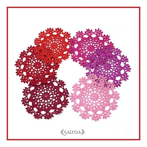 Série  "camaieu rouge et rose" 6 petits napperons dentelle au crochet d'art (en lot ou unitaire) - sous-verres/bibelots/décoration - 7