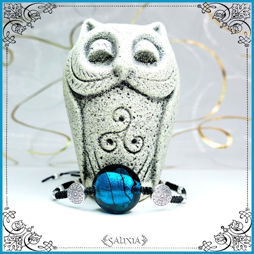 Bracelet perle lampwork bleu teal style murano feuille d'argent incluse fermoir tissage macramé (#bc145)