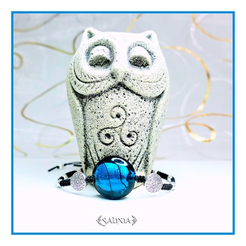 Bracelet perle lampwork bleu teal style murano feuille d'argent incluse fermoir tissage macramé (#bc145)