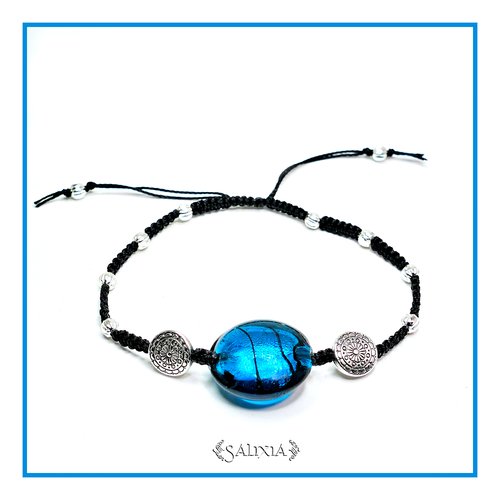 Bracelet perle lampwork bleu teal style murano feuille d'argent incluse fermoir tissage macramé (#bc145)