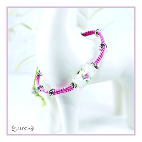 Bracelet perle lampwork florale style murano feuille d'argent incluse fermoir tissage macramé (#bc146)