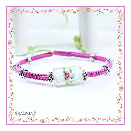 Bracelet perle lampwork florale style murano feuille d'argent incluse fermoir tissage macramé (#bc146)