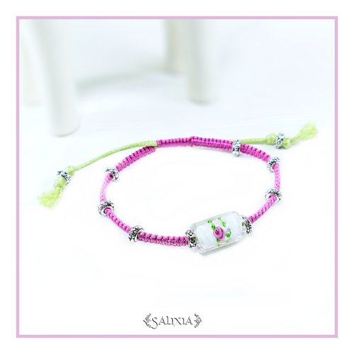 Bracelet perle lampwork florale style murano feuille d'argent incluse fermoir tissage macramé (#bc146)