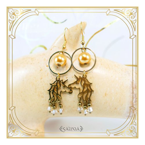Boucles d'oreilles licornes perles nacrées et cristal crochets inoxydable doré (#bo475)
