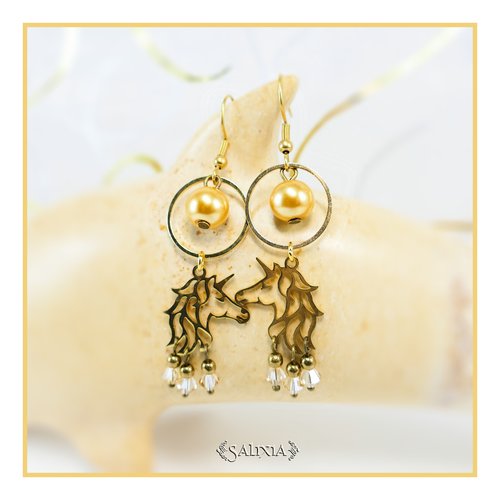 Boucles d'oreilles licornes perles nacrées et cristal crochets inoxydable doré (#bo475)